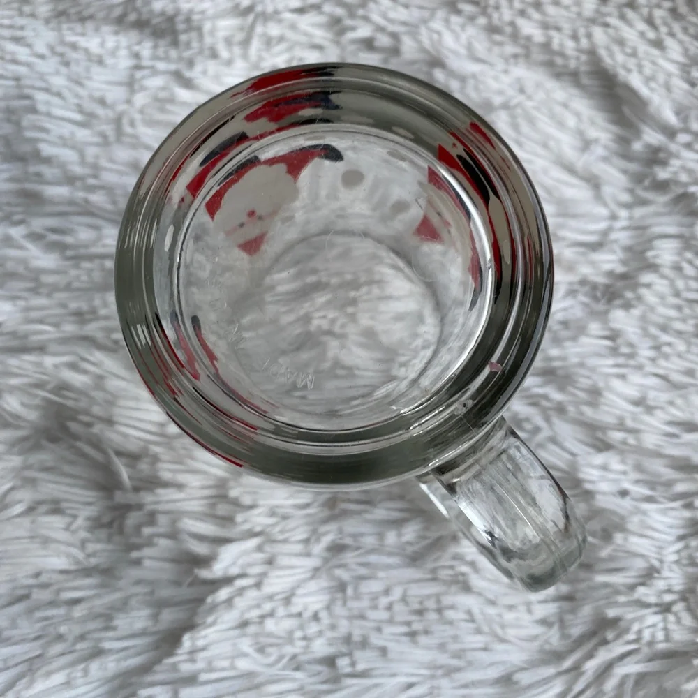 CRATE & BARREL Dancing Santas Glass Cocoa Coffee Mug